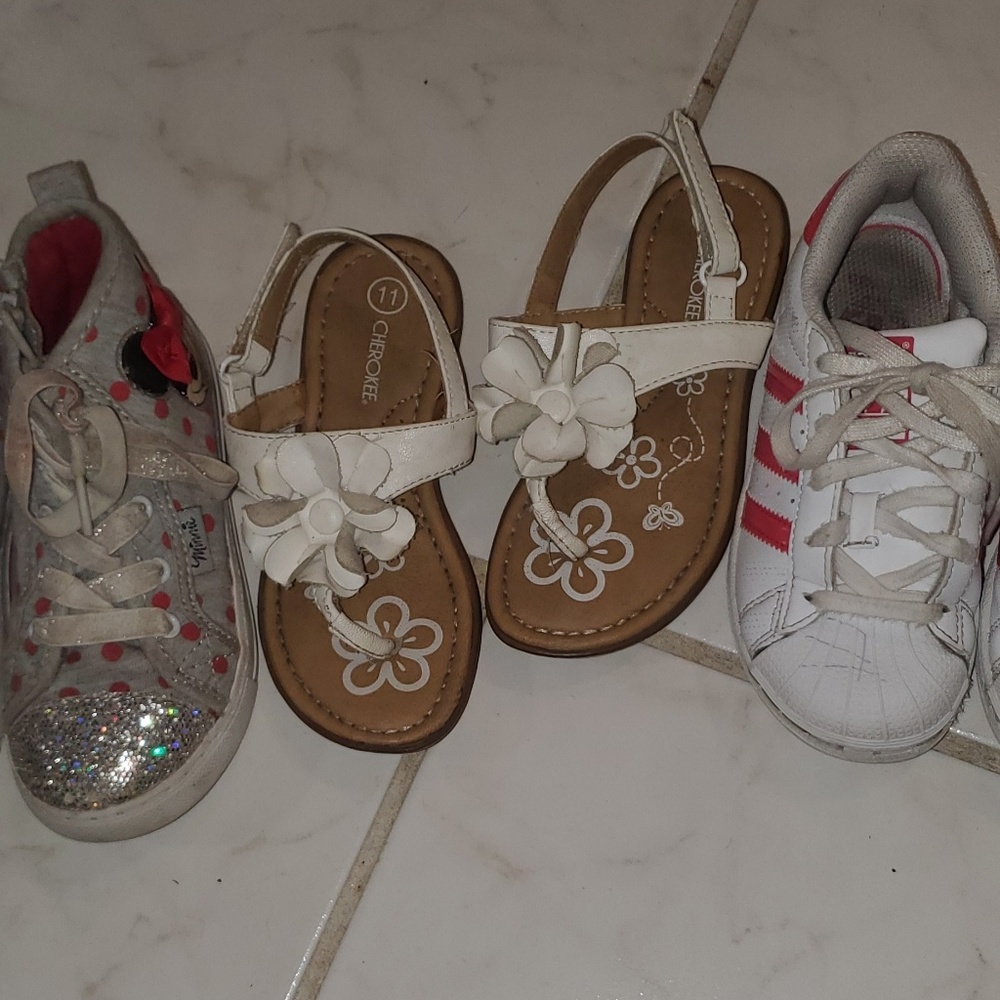 Girls size 11 adiadias, white sandles minnie sneak